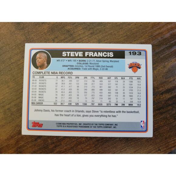 Steve Francis 2006-2007 Topps #193 - New York Knicks - NBA - Picture 2 of 2